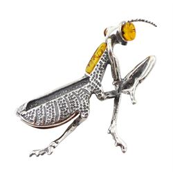 Silver amber grasshopper pendant, stamped 925