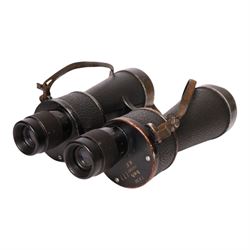 WWII German Pair of  7x50 Binoculars, stamped to the back plate '7x50 beh (T) 380587 KF' and stamped to the other side with the Kriegsmarine mark and 32739 N, wiht later leather case, H22cm