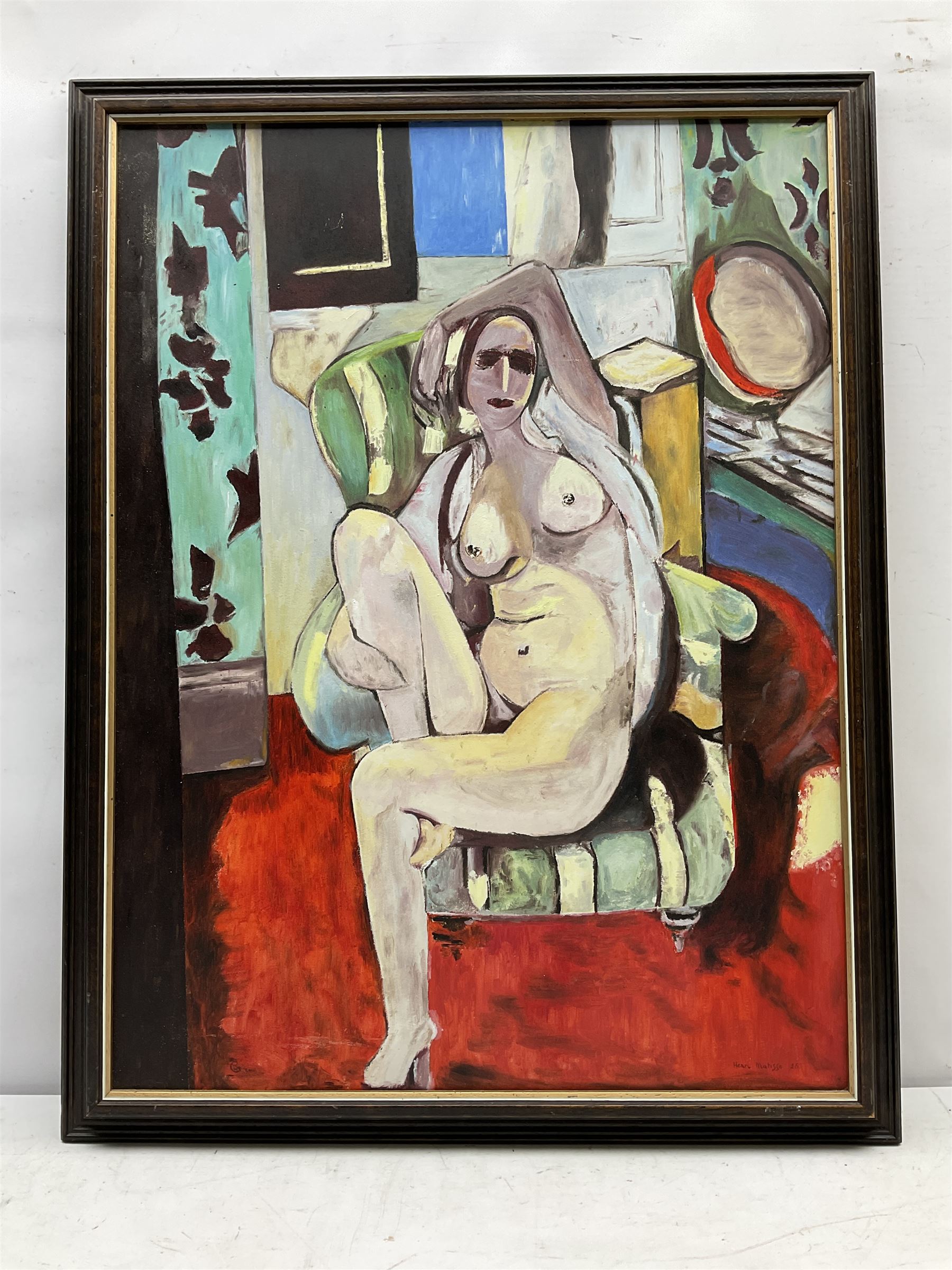 WL Gillborn (British 20th century) after Henri Matisse (French 1869-1954): 'Odalisque with a Tambourine', oil on board signed with monogram and dated '84, 70cm x 53cm
