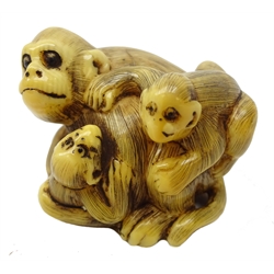  Japanese Meiji ivory Okimono carved as a family of Monkeys, signature to base, H3cm x W4cm Provenance: private collection   