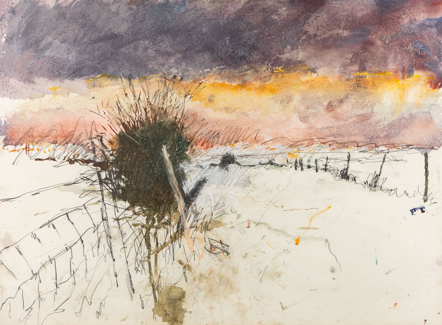 Len Tabner (British 1946-): 'Evening Snow on the Road to Lofthouse - Study', mixed media c.1983-1984 signed 55cm x 75cm 
Provenance: gifted to the vendor by the artist. We are grateful to the artist for his assistance in cataloguing this lot.