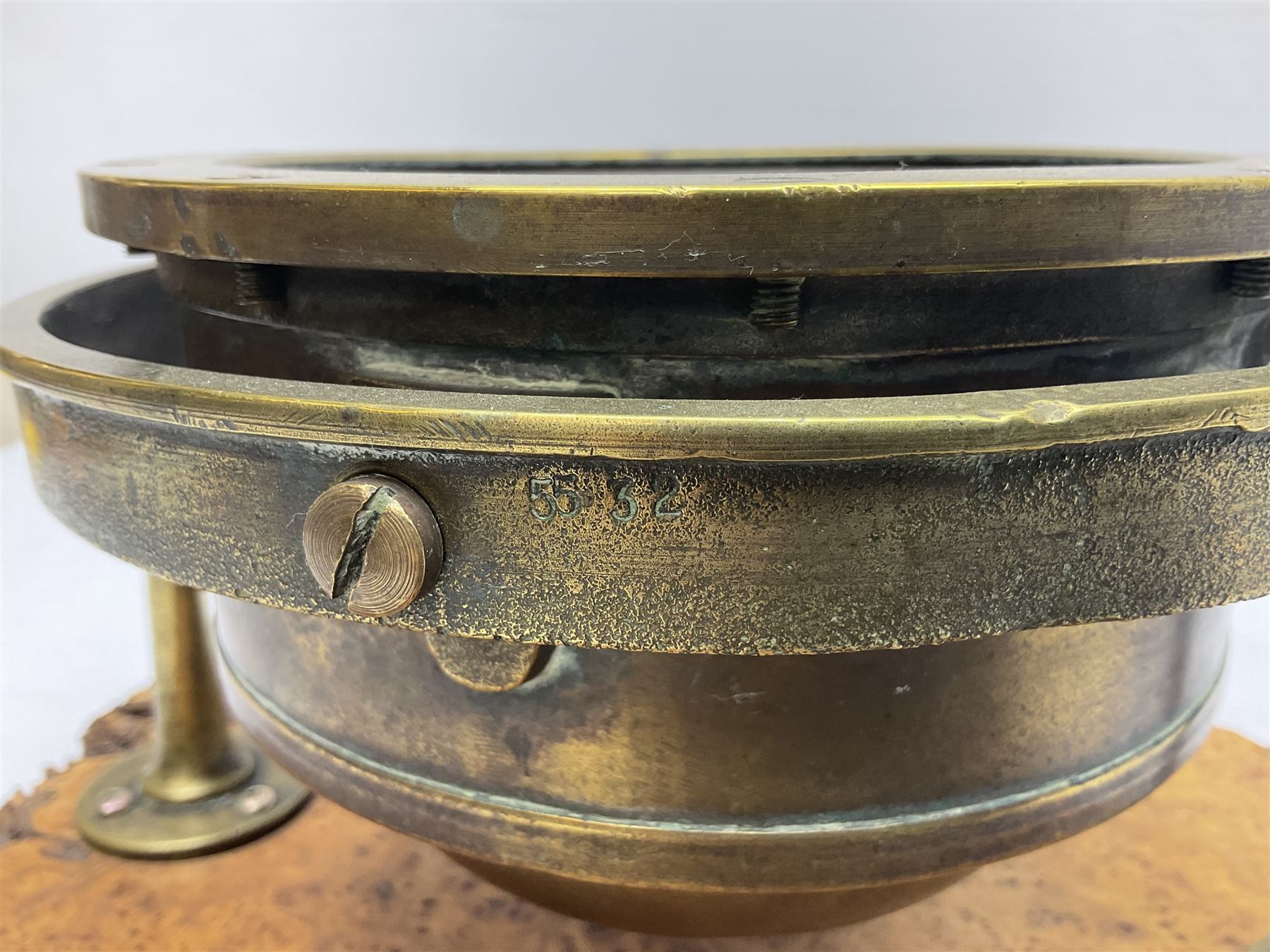 Sestrel brass cased ships gimbal mounted compass, fitted on a burrwood slab, serial no.5532, pat.no.586665 D19cm