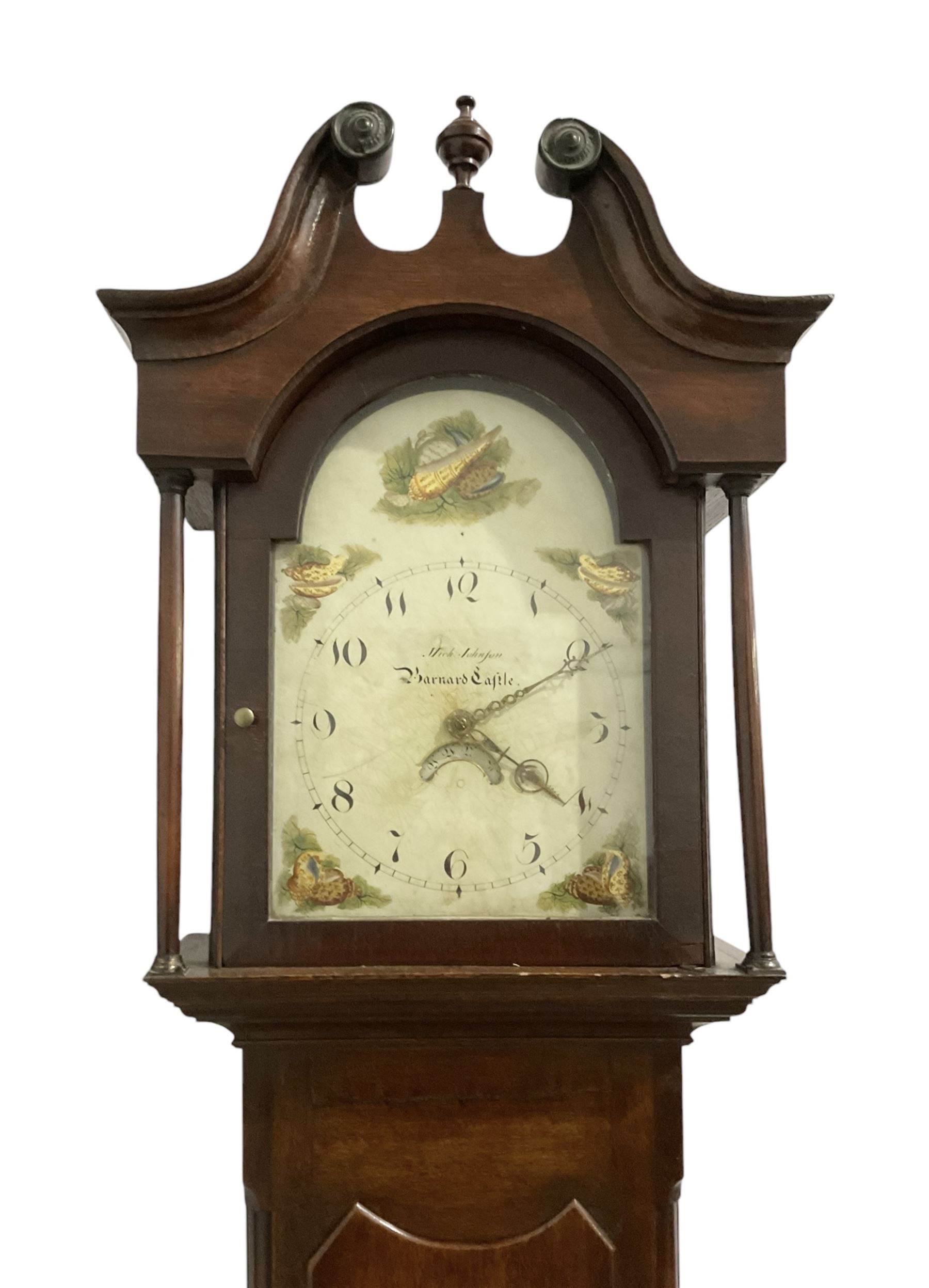 Michael Johnson of Barnard Castle (Yorks) - 30hr oak cased longcase clock c1820, with a swan necked pediment and central finial, break arch hood door flanked by turned pilasters, trunk with canted corners and a long door with a concave shaped top, on a rectangular plinth with a shaped base, painted dial with Arabic numerals, makers name, brass stamped hands and date aperture, countwheel striking, chain driven movement striking the hours on a bell.