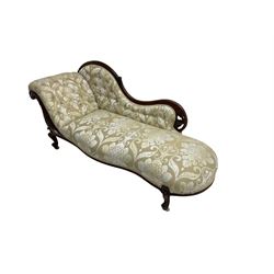 Victorian mahogany chaise longue, scrolled back with pierced and floral carved decoration, champagne foliate pattern fabric, cabriole feet with brass and ceramic castors
