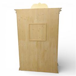 20th century French white and parcel gilt painted armoire, the shaped and scroll moulded cornice centred with a stylised foliate, the double doors with raised panel reserves applied with gilt foliate scrollwork, flanked by fluted pilasters with floral capitals, opening to a fitted interior with shelving and hanging space, raised on a moulded plinth on squat bun feet