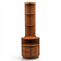Nathan - teak corner cabinet, the upper section with moulded cornice and two fixed shaped ...