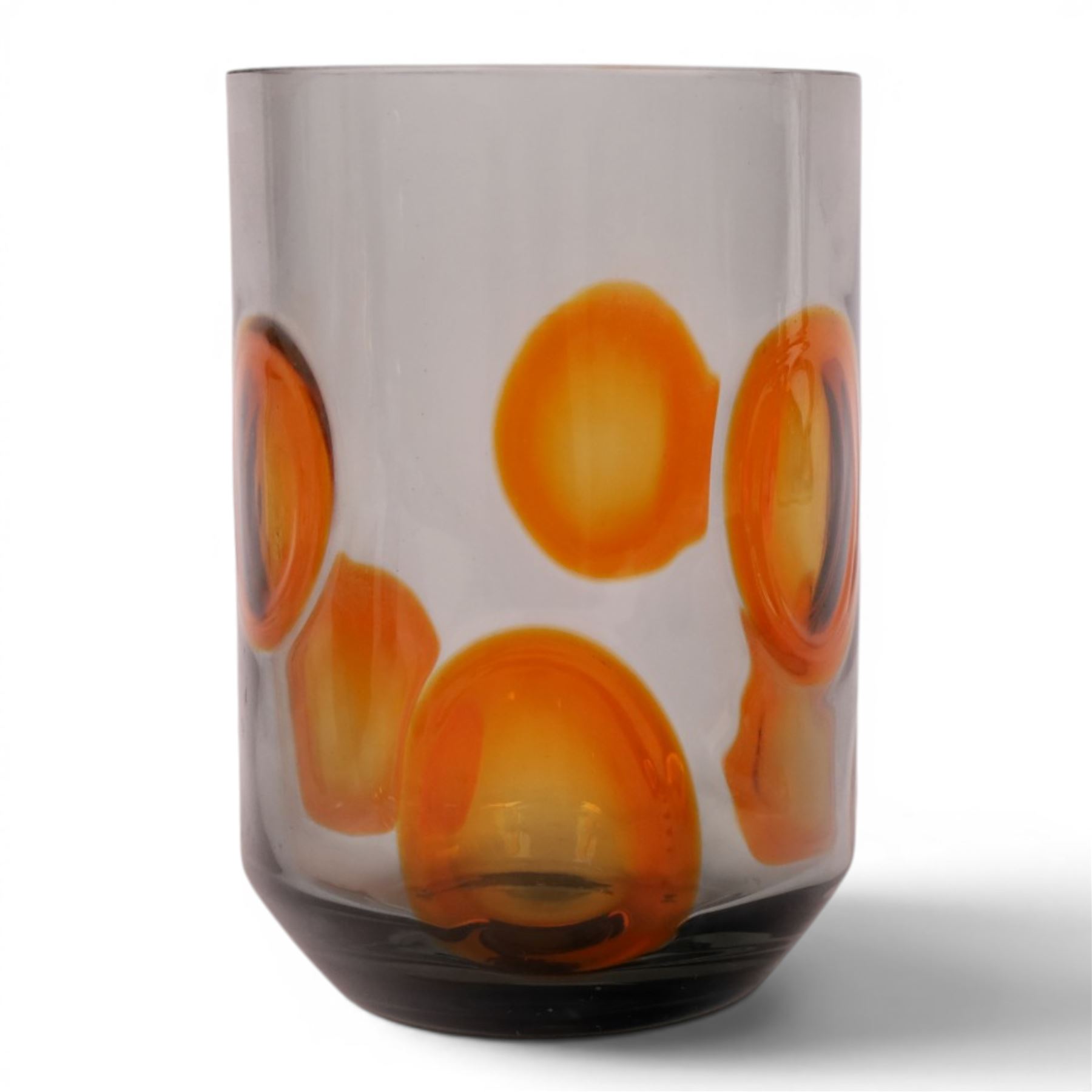 Whitefriars cylindrical vase in smoky brown with orange applied spots designed by Geoffrey Baxter, H19cm