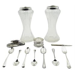 Group of assorted silver, to include pair of Edwardian silver mounted clear glass vases, the waisted and facetted bodies with cut detail leading to silver collars, hallmarked Thomas Latham & Ernest Morton, Birmingham 1908, H15cm, a mid 20th century napkin ring with engine turned decoration, hallmarked William Adams Ltd, Birmingham 1962, four early 20th century coffee spoons, two 1920's teaspoons, etc., approximate weighable silver 3.61 ozt (112.4 grams)