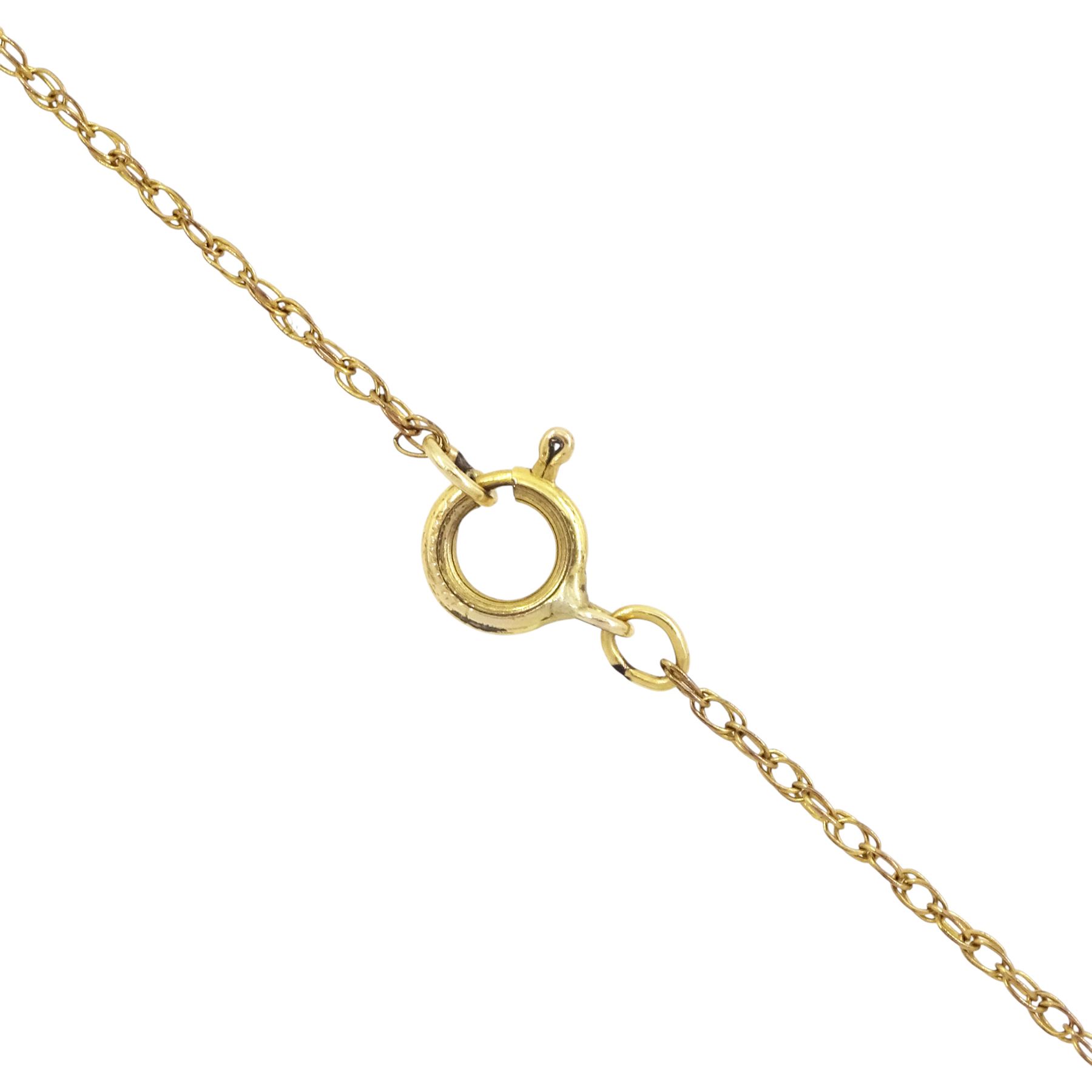 Early 20th century 9ct gold diamond and aquamarine enamel pendant, set with an oval hand painted panel depicting a cherub, within a textured openwork gold surround, set with two pear cut aquamarines and two old cut diamonds, and old cut diamond set bail in a milgrain setting, on gilt chain necklace, total diamond weight approx 0.40 carat 