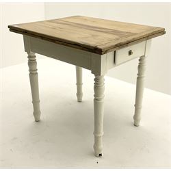 Late 19th century pine drawer leaf kitchen table, painted base fitted with single drawer raised on turned supports 