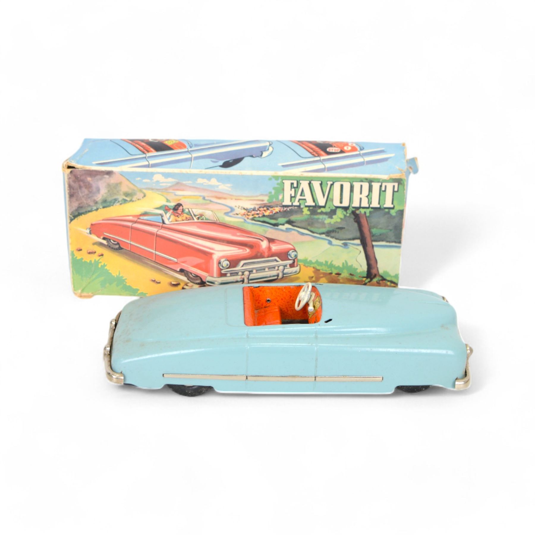 1950s German JNF 'Favorit' tinplate clockwork car, in light blue with red interior, boxed with key