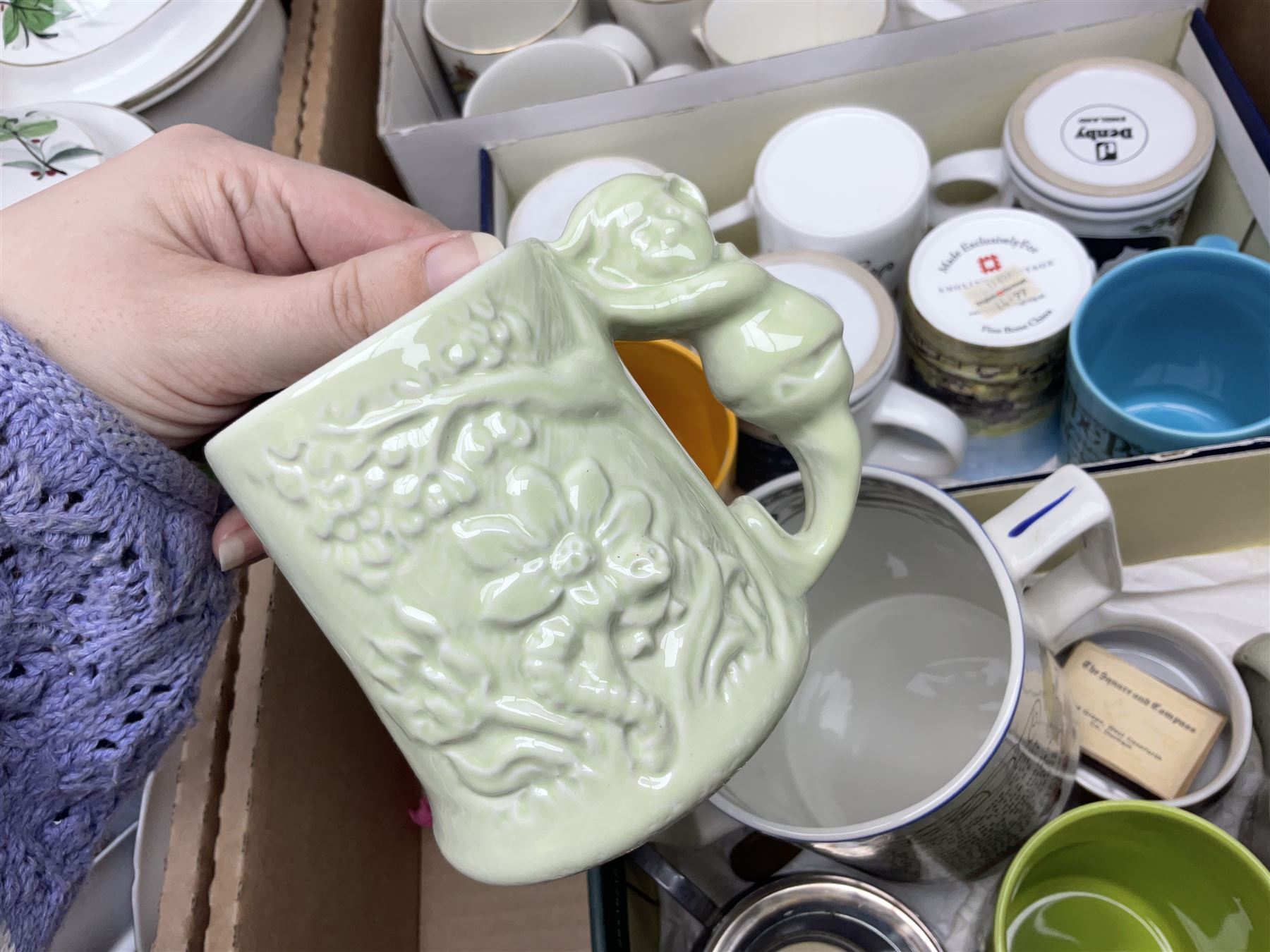 Large collection of ceramics to include God Speed the Plough loving cup, Denby, Coalport, Portmeirion, quantity of mugs etc in four boxes