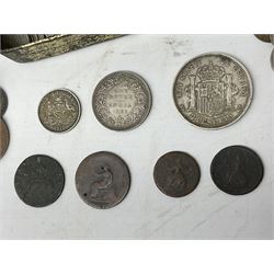 Great British and World coins, including Queen Victoria 1876 and 1889 halfcrowns, 1894 florin, various pre 1947 silver threepence pieces, King George VI 1942 halfcrown, George I farthing, Queen Victoria India 1862 one rupee, Spain 1882 five pesetas, United States of America 1860 one cent, King Edward VII Australia 1910 one shilling etc