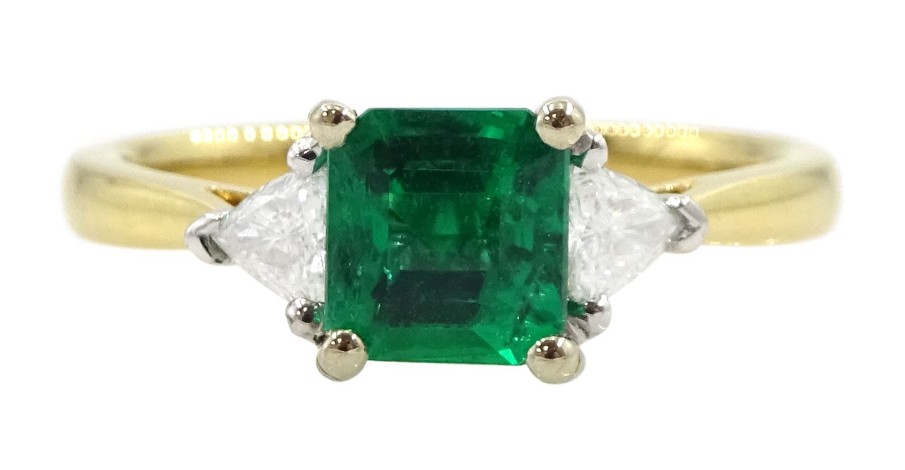 18ct gold three stone square cut emerald and trillion cut diamond ring, hallmarked, emerald approx 0.75 carat