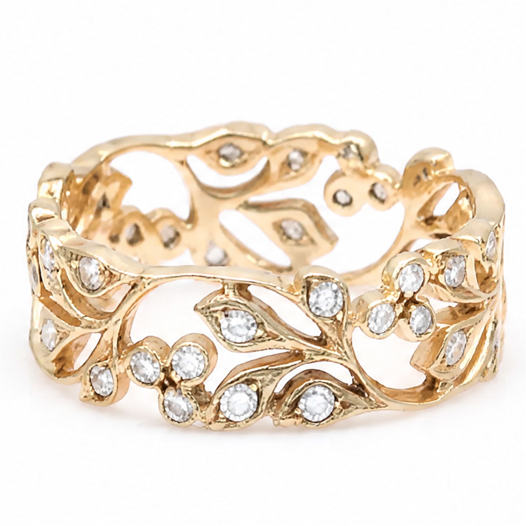 18ct rose gold diamond floral band, milgrain and pierced set with round cut diamonds, stamped 750