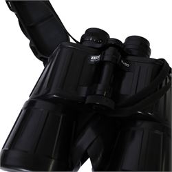 Pair of Zeiss 15x60 T* Marine Binoculars, black rubber armoured body with attached rubber lens covers, serial number 205269, made in West Germany, with Carlton soft carry case and long strap