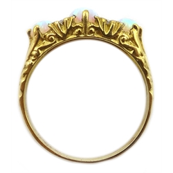  Silver-gilt three stone opal ring, stamped SIL  