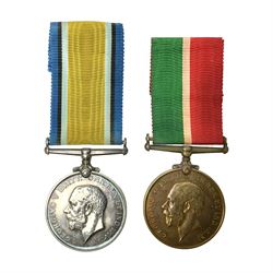 WWI Mercantile Marine pair of medals comprising British War Medal and Mercantile Marine Medal awarded to David J. Mordecai; both with ribbons (2)