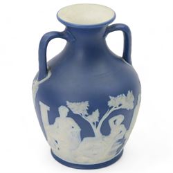 Wedgwood dark blue Jasperware Portland twin handled vase, decorated with classical figures, H21cm
