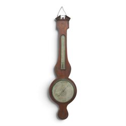 Three mahogany wheel barometers, each with silvered dial, thermometer and hygrometer, two with inlaid decoration, one with architectural pediment and one with swan-neck pediment 