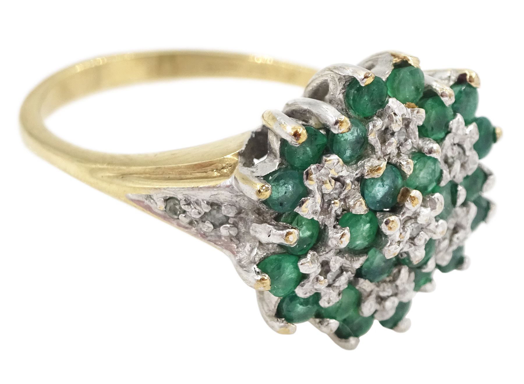 9ct gold emerald and diamond cluster ring, hallmarked