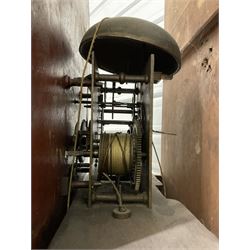 John Cameron & Son of Kilmarnock - late 19th century mahogany longcase clock c1870, with a flat topped pediment and blind frieze beneath, rectangular break arch hood door and sound frets to the hood sides, trunk with canted corners and a convex door with cushion mouldings, on a square plinth raised on turned bun feet, painted dial with a depiction of the abdication of Mary Queen of Scots to the arch and the four regions of the united Kingdom to the spandrels, with Roman numerals, minute track, date and seconds dials and stamped brass hands, dial pinned to a rack striking movement, striking the hours on a bell. With weights and pendulum. 