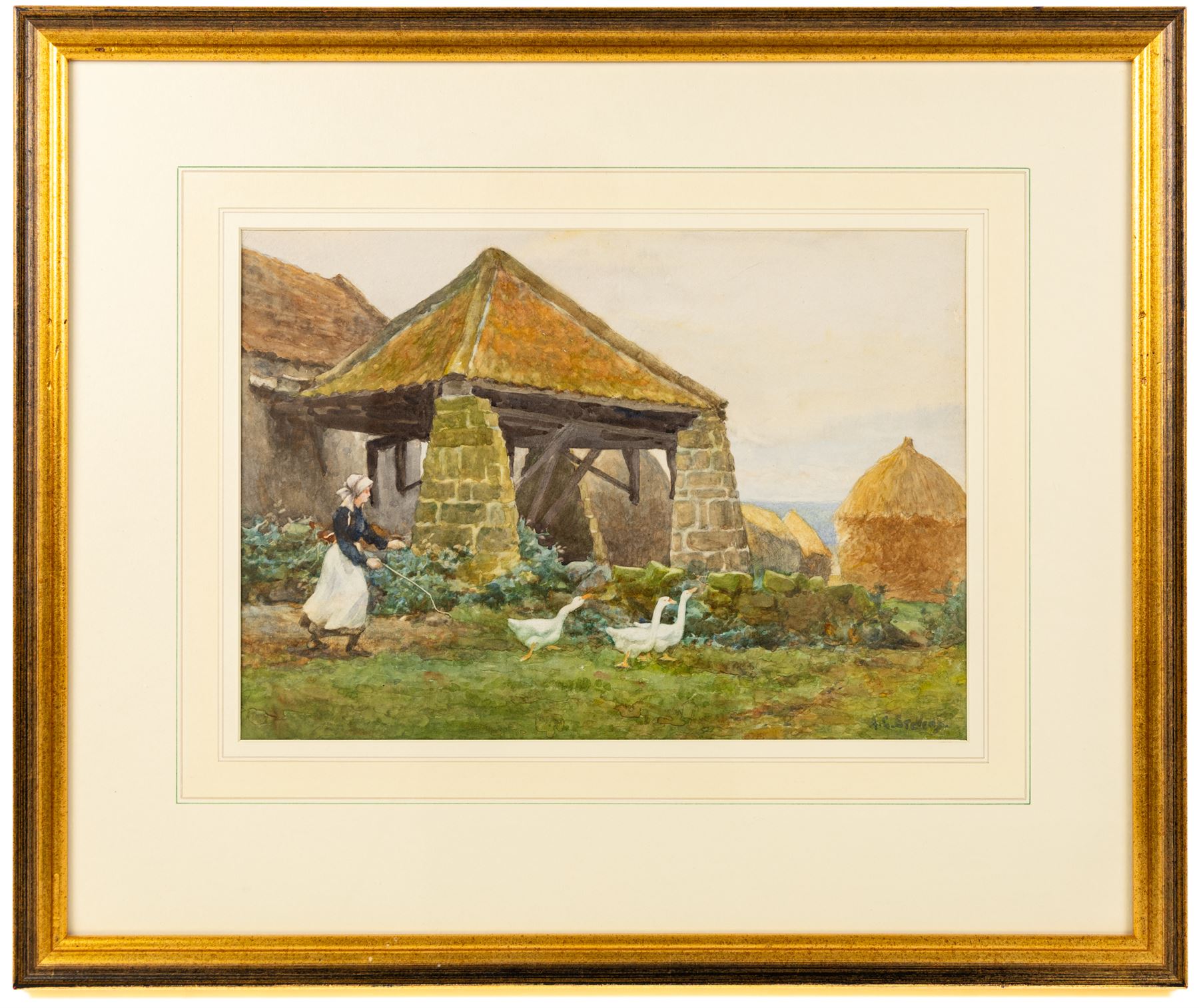 Albert George Stevens (Staithes Group 1863-1925): Young Girl Chasing Geese at Newton Mulgrave Farm, watercolour signed 26cm x 37cm 
Provenance: private collection, purchased David Duggleby Ltd 16th June 2023 Lot 290