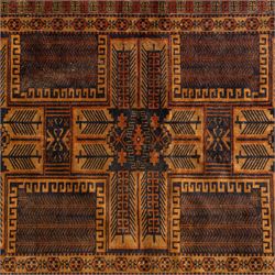 Baluch tribal style rug, dark indigo field with rows of linked gul and angular medallions in madder, camel, and ivory tones, within multiple geometric borders, including the main border of stylised animals