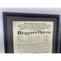 Two framed advertising posters, the first example titled 'Johnson's Correct List of Beverley Races, 1840', the second titled 'Theatre-Royal, Hull. third Night of Miss Paton's Engagement. this present Wednesday, December 29th, 1830, will be performed the celebrated Beggars' Opera', overall including frames H38.5cm W26cm