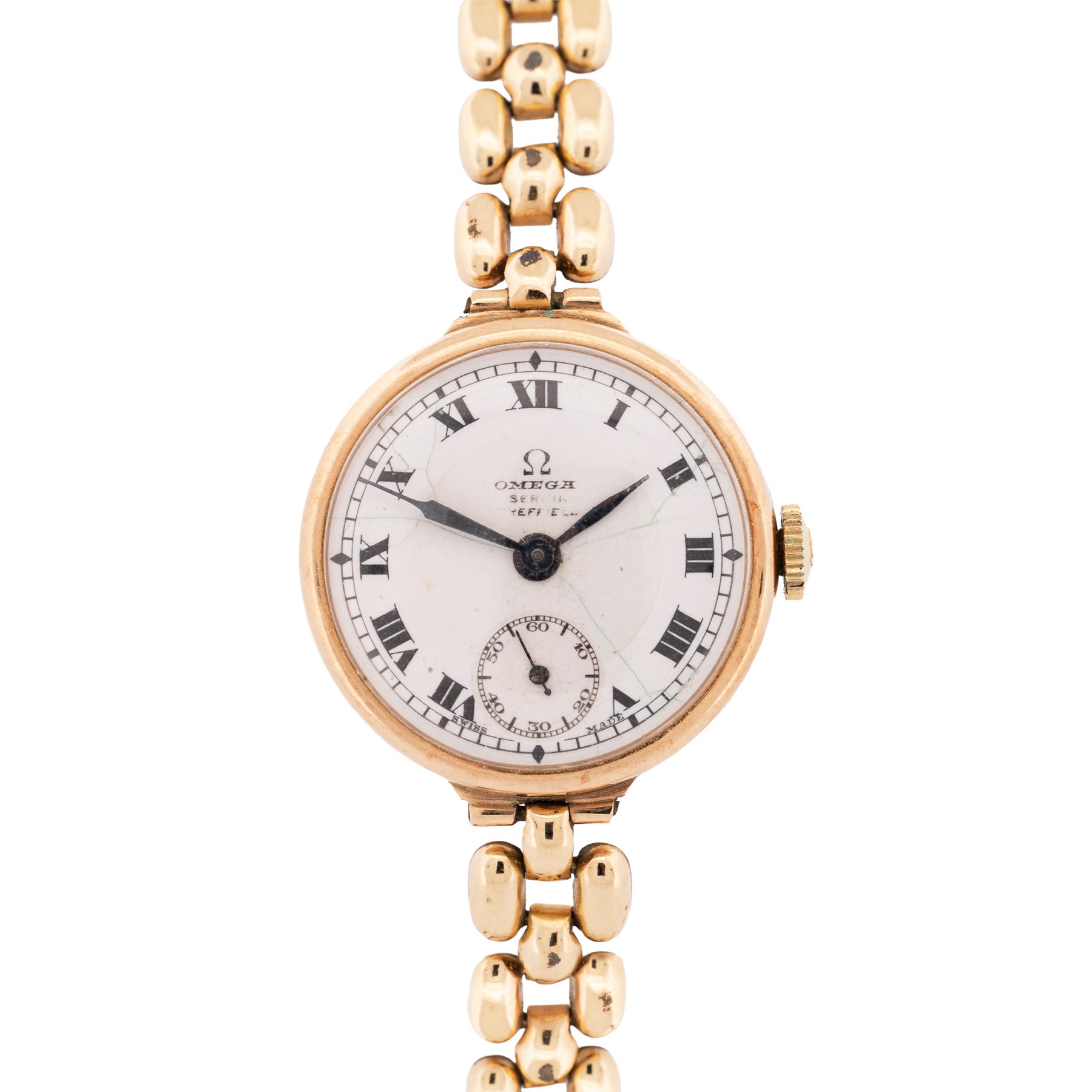 Omega early 20th century 9ct gold manual wind wristwatch, white enamel dial with subsidiary seconds dial, case by Dennison, Birmingham 1927, on a gold-plated strap and an Americ 14ct gold manual wind wristwatch, stamped 14K