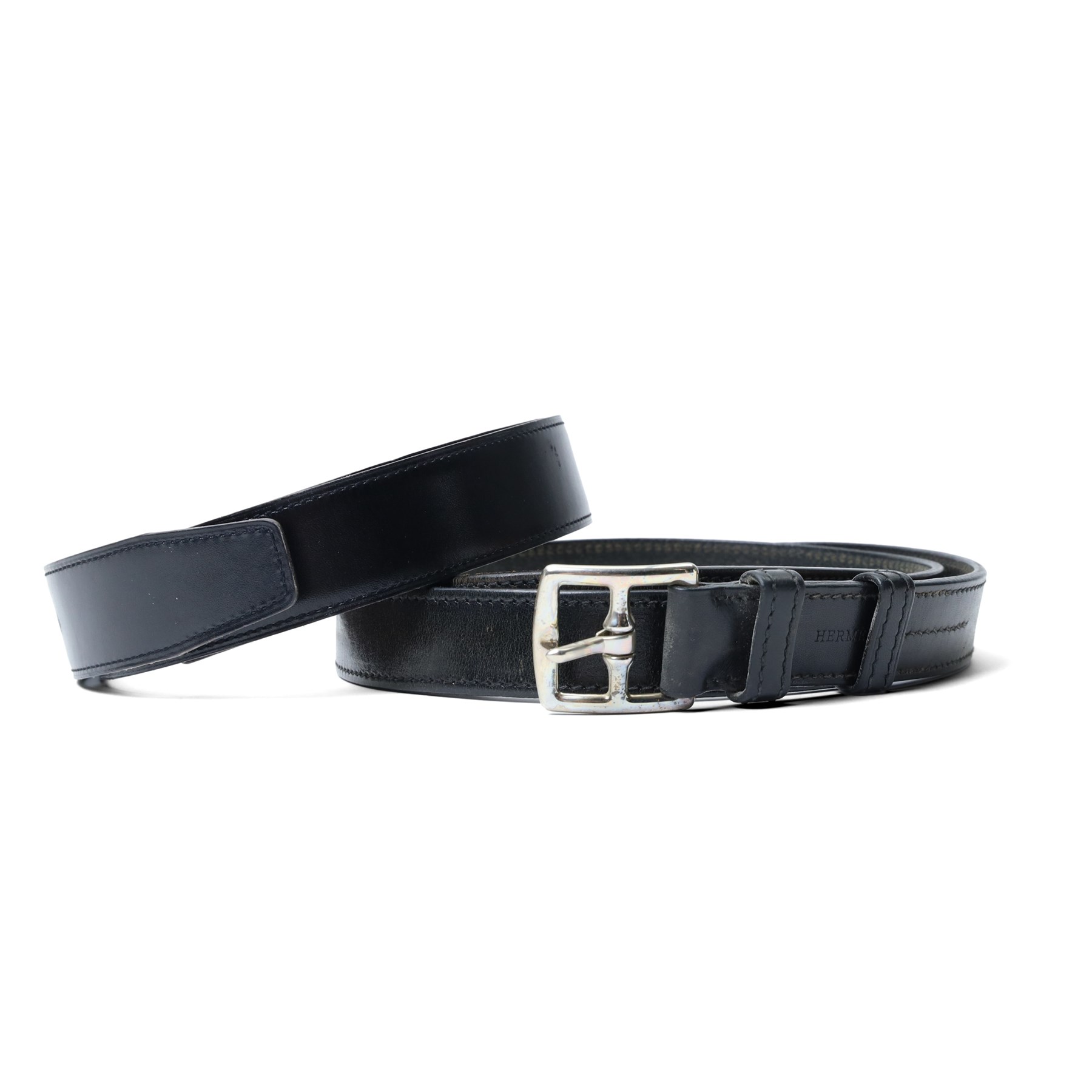 Hermès - vintage black leather belt, with silver-tone rectangular pin buckle and stitched edging, stamped HERMÈS; with additional Hermes reversible black and brown belt (no buckle), size 80