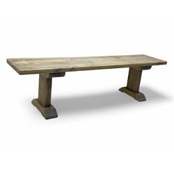 Barker & Stonehouse - contemporary 'Newsham' reclaimed oak dining bench, rectangular plank seat over twin pedestal supports with shaped bases, finished in weathered grey wax