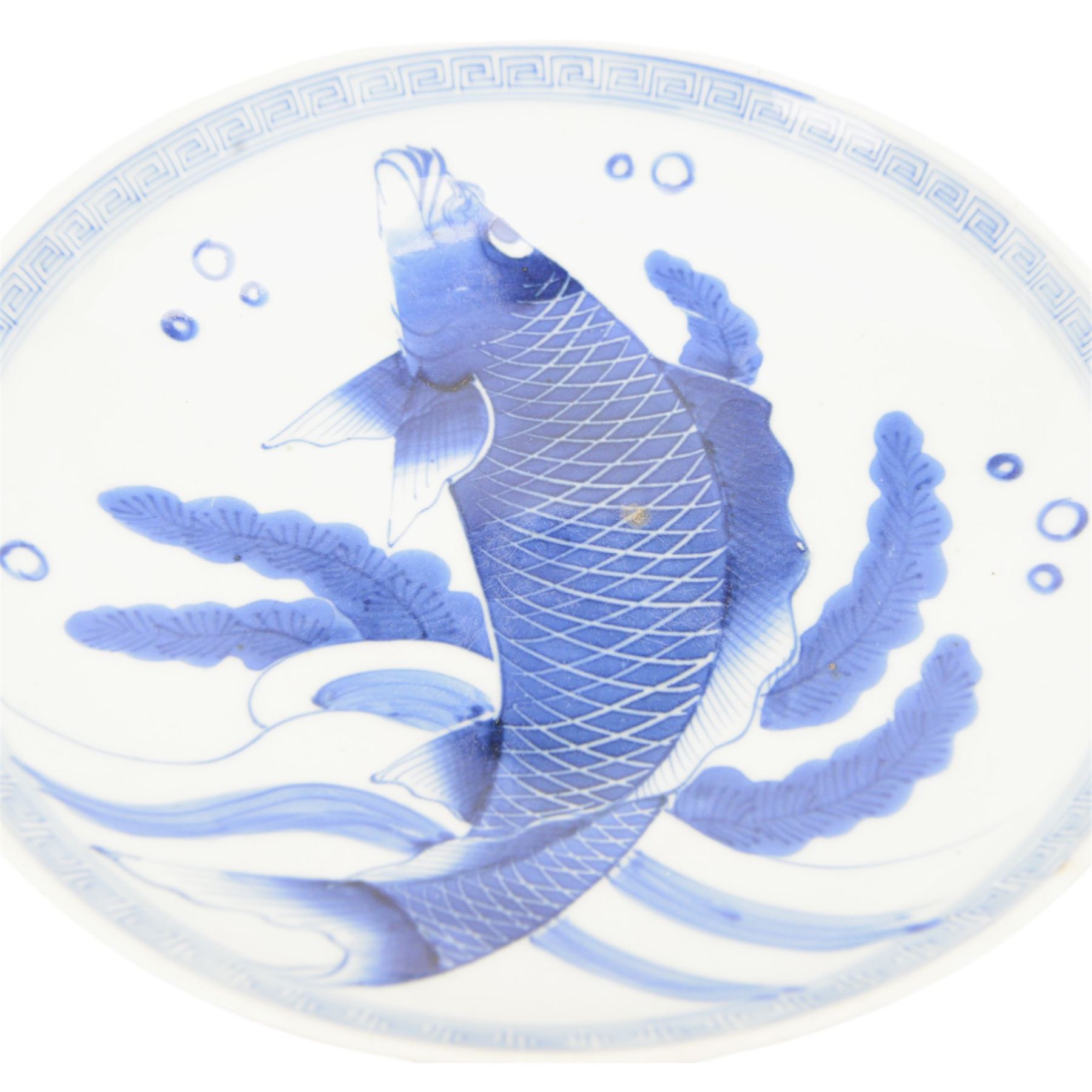 Chinese blue and white charger, decorated with koi carp to centre with key border, D29cm