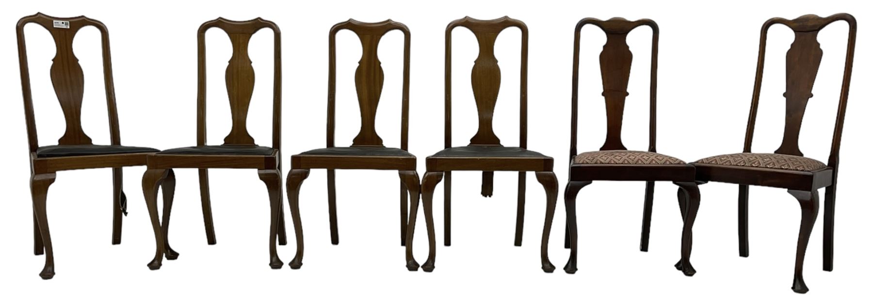 Matched set of fourteen early 20th century mahogany dining chairs, shaped cresting rail over shaped splat, upholstered drop-in seat, on cabriole front supports 