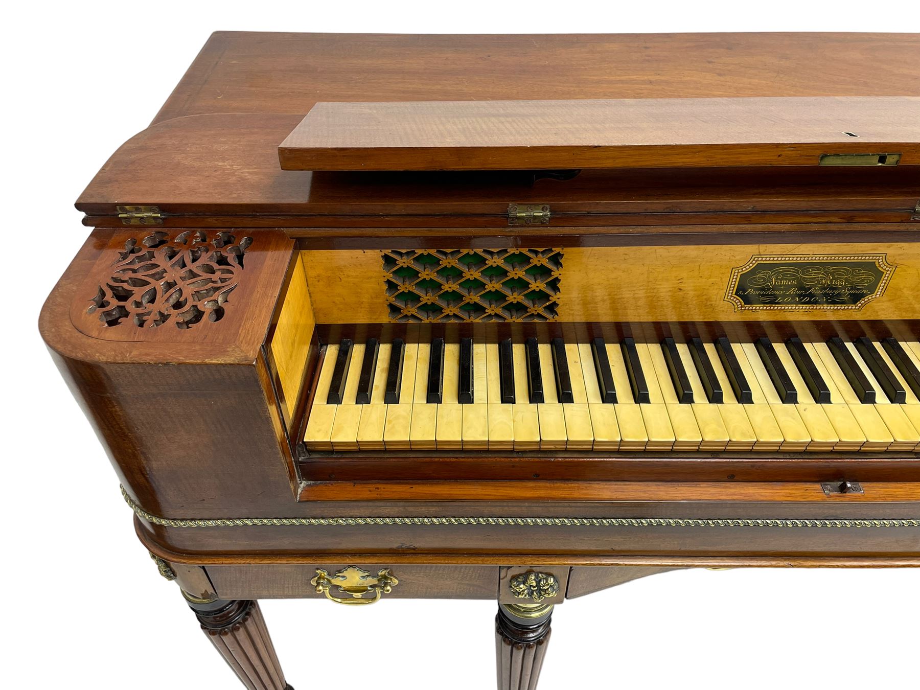 James Rigg, London -early 19th century mahogany and maple square piano c1817, with a 68 key compass (A-C) original hammers, jacks and felt, satinwood interior with ebony and ivory keys, the fretwork interior back inscribed 'James Rigg, 3 Providence Row, Finsbury Square, London', decorated with twist gilt metal edging, fitted with three drawers, on Gillows design turned and reeded supports with brass cups and castors.

This item has been registered for sale under Section 10 of the APHA Ivory Act