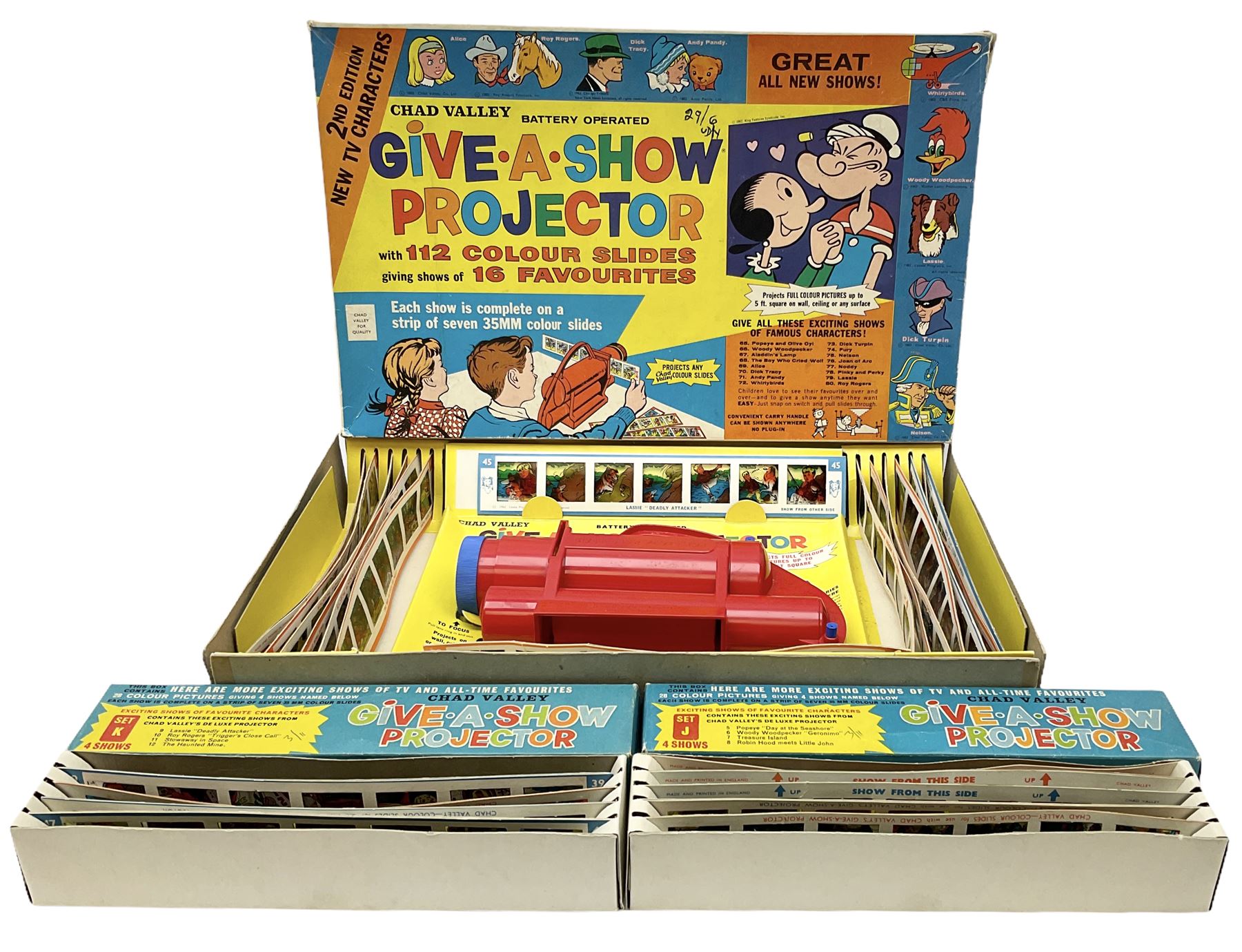 Chad Valley battery operated Give-A-Show projector, boxed with quantity of slides; and two extra boxes of slides Sets J & K (3)