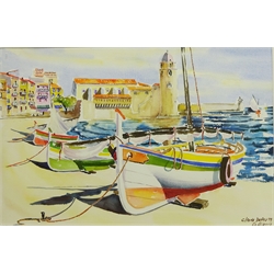 Continental Port, 20th century watercolour signed by Claude Dufau 35cm x 53cm and 'Algarve Portugal', oil on canvas indistinctly signed, titled verso 24cm x 37cm (2)  