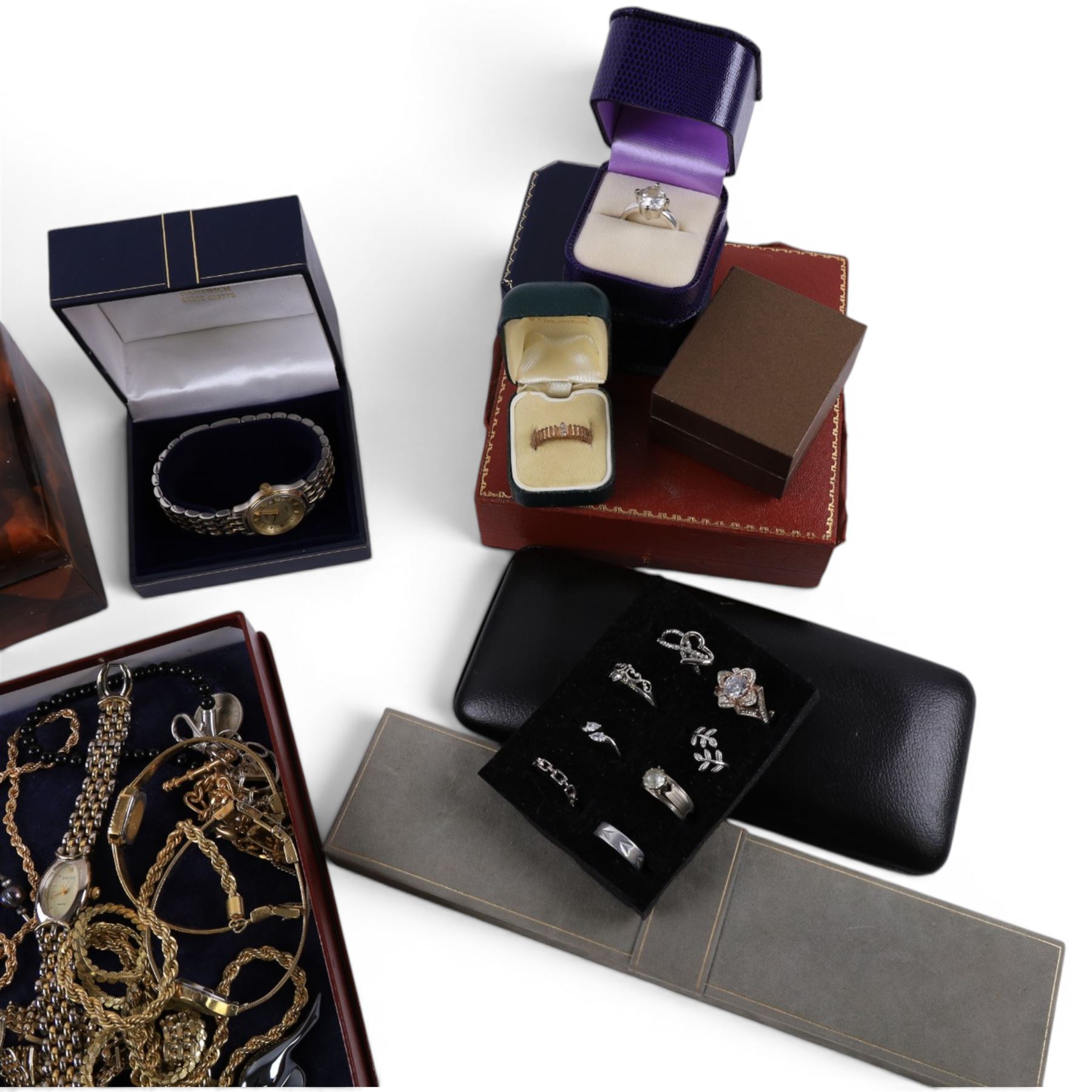 Faceted glass bead and faux pearl necklace with 9ct gold clasp, stamped 375, pair of silver enamel cufflinks and a collection of costume jewellery including rings chains, Rotary wristwatch, jewellery boxes etc