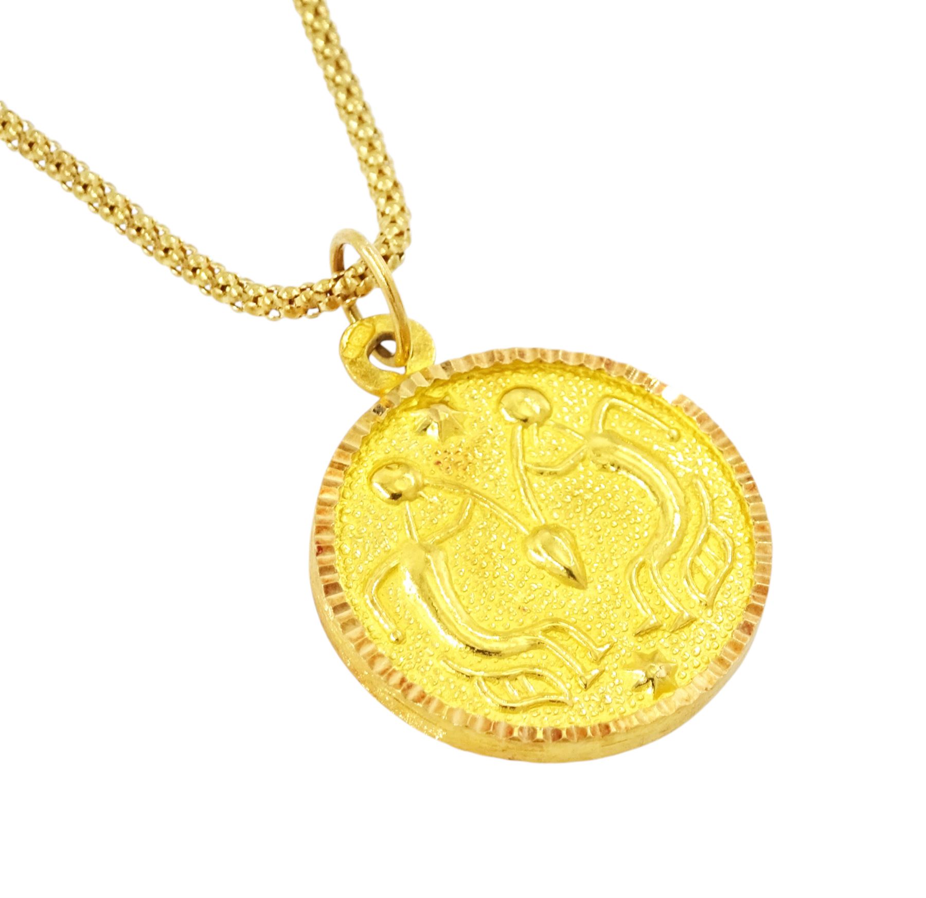 21ct gold Taurus pendant, stamped 875, on 18ct gold popcorn link chain necklace, stamped 750