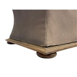 19th century upholstered ottoman, rectangular waisted form with hinged lid, upholstered in needle work cover decorated with floral panels and borders, the interior lined in blue fabric, lower moulded edge over compressed bun feet