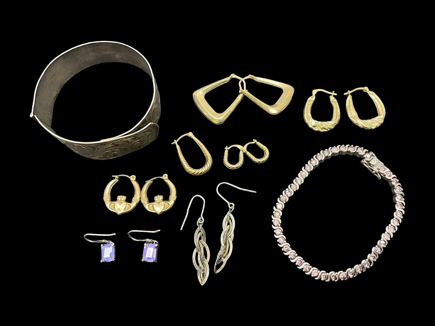 9ct gold hoop earrings and silver jewellery including bangle, stone set bracelet and earrings