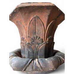 Small 19th century terracotta octagonal planter with stand, flower and leaf design