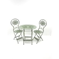 Wrought metal green finish oval garden table (W72cm, H75cm, D54cm) and two matching folding chairs (W42cm)