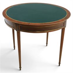 Regency revival mid 20th century walnut card table, demi lune form inlaid with boxwood, kingwood frieze with brass detail fold-over top with retractable back leg, revealing circular leather playing surface, circular tapering legs