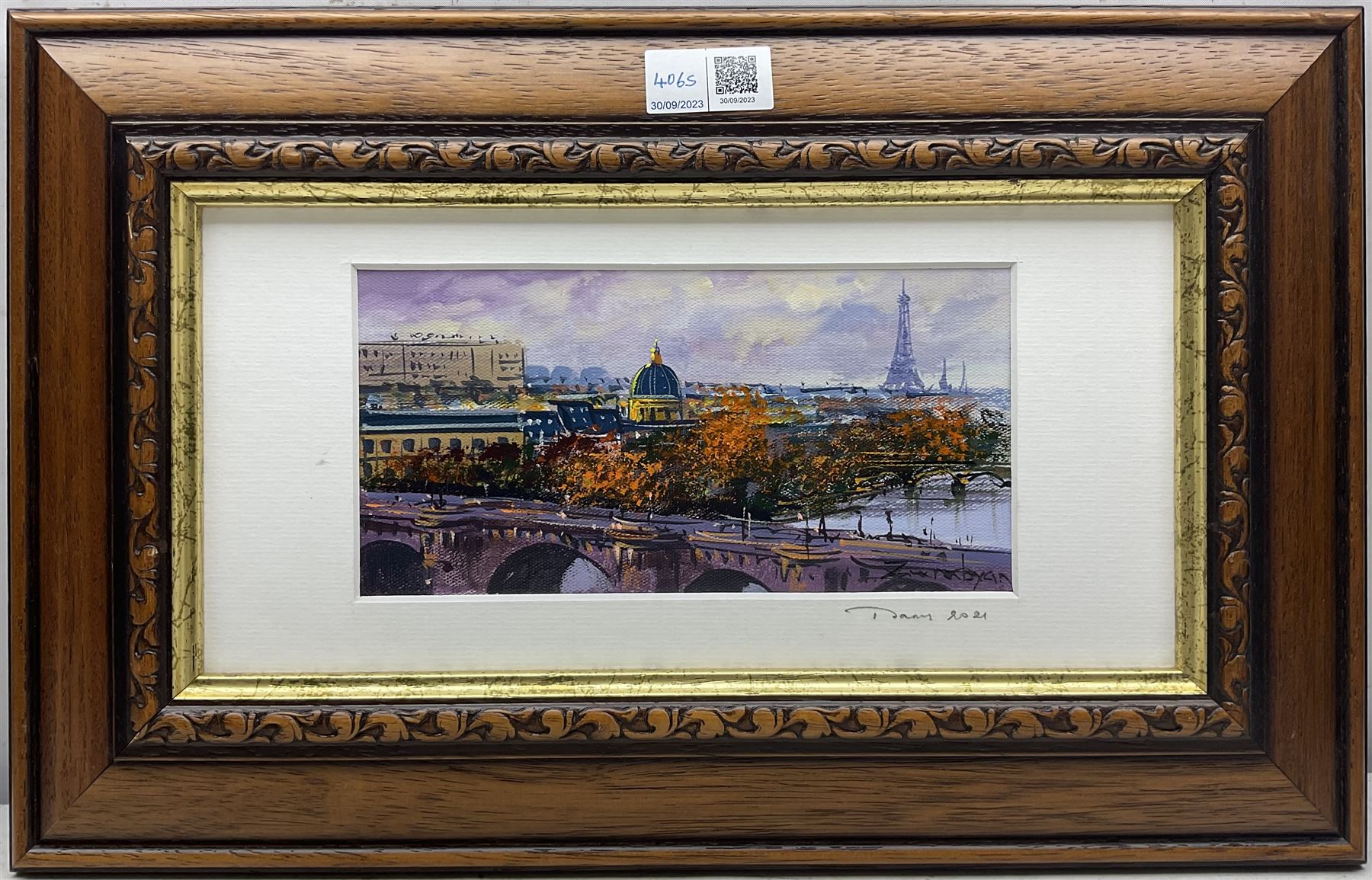 Arthur Zurabyan (20th century): 'Paris' with the Eiffel Tower in the distance,  pair oils on canvas signed, titled and dated 2021 on the mount 20cm x 10cm (2)