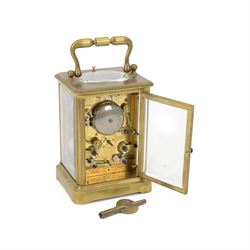 French- late 19th century 8-day  twin train corniche carriage clock with hour repeat and alarm, four bevelled glass panels and oval inset viewing glass to the top, enamel dial with Roman numerals, minute markers and fine moon hands, with alarm setting dial and indistinct London retailers name, movement with original jewelled and silvered lever platform escapement and rack striking, sounding the hours and alarm on a single rear mounted bell. With key.