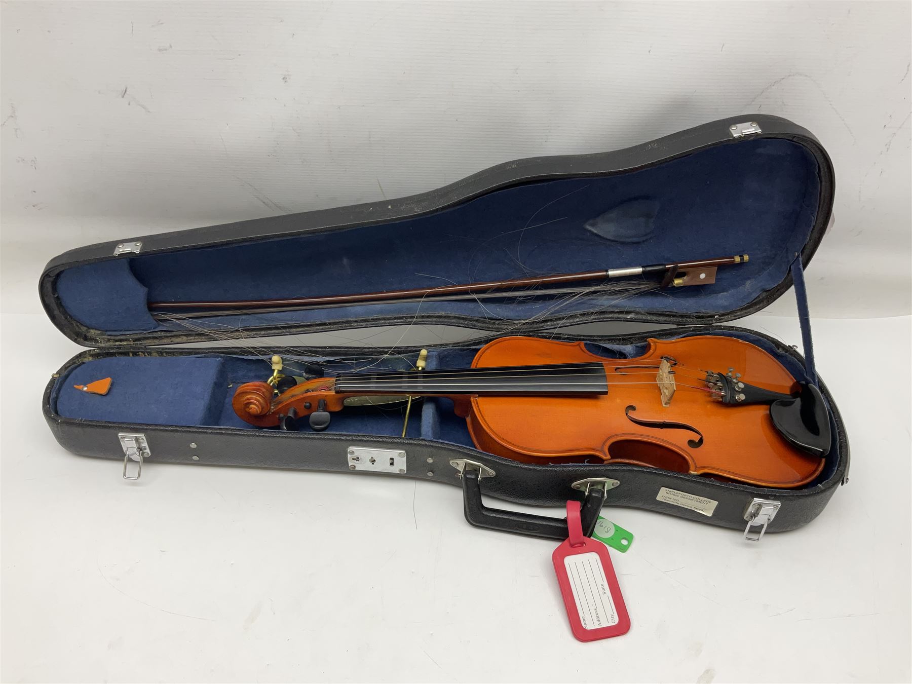 Four student violins - two Chinese three-quarter size with 33.5cm and 34cm two-piece backs; Stringers of Edinburgh quarter size with 28cm two-piece back; and Stentor quarter size with 28cm two-piece back; each in carrying case (4)