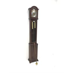 Late 20th century mahogany long case clock, twin weight driven movement striking the hours and half on rods, H184cm