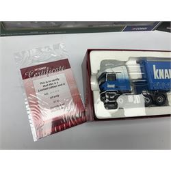 Corgi Eddie Stobart - three limited edition lorries; CC12936 Sight & Sounds Scania Topline Curtainside Trailer; CC13812 Hauliers of Renown Mercedes-Benz Actros Curtainside Knauf; and CC13405 MAN TGA XL Step Frame Curtainside Trailer; all boxed (3)