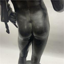Bronzed classical nude male figure, upon a stepped circular base, H61cm 